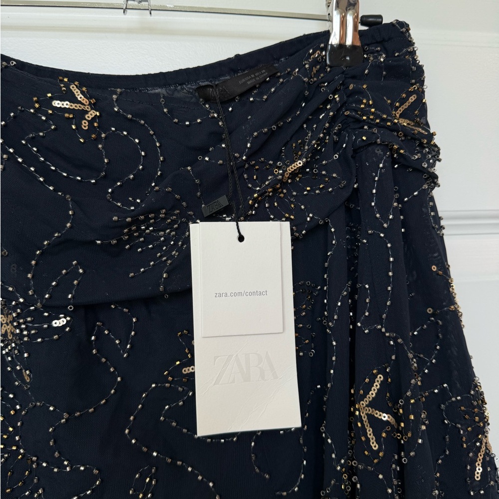 NWT Zara Collection Navy Embroidered Asymmetric Beaded Skirt - Picture 9 of 15